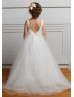 V Neck Beaded Ivory Lace Tulle V Back Flower Girl Dress Wedding Girl Dress